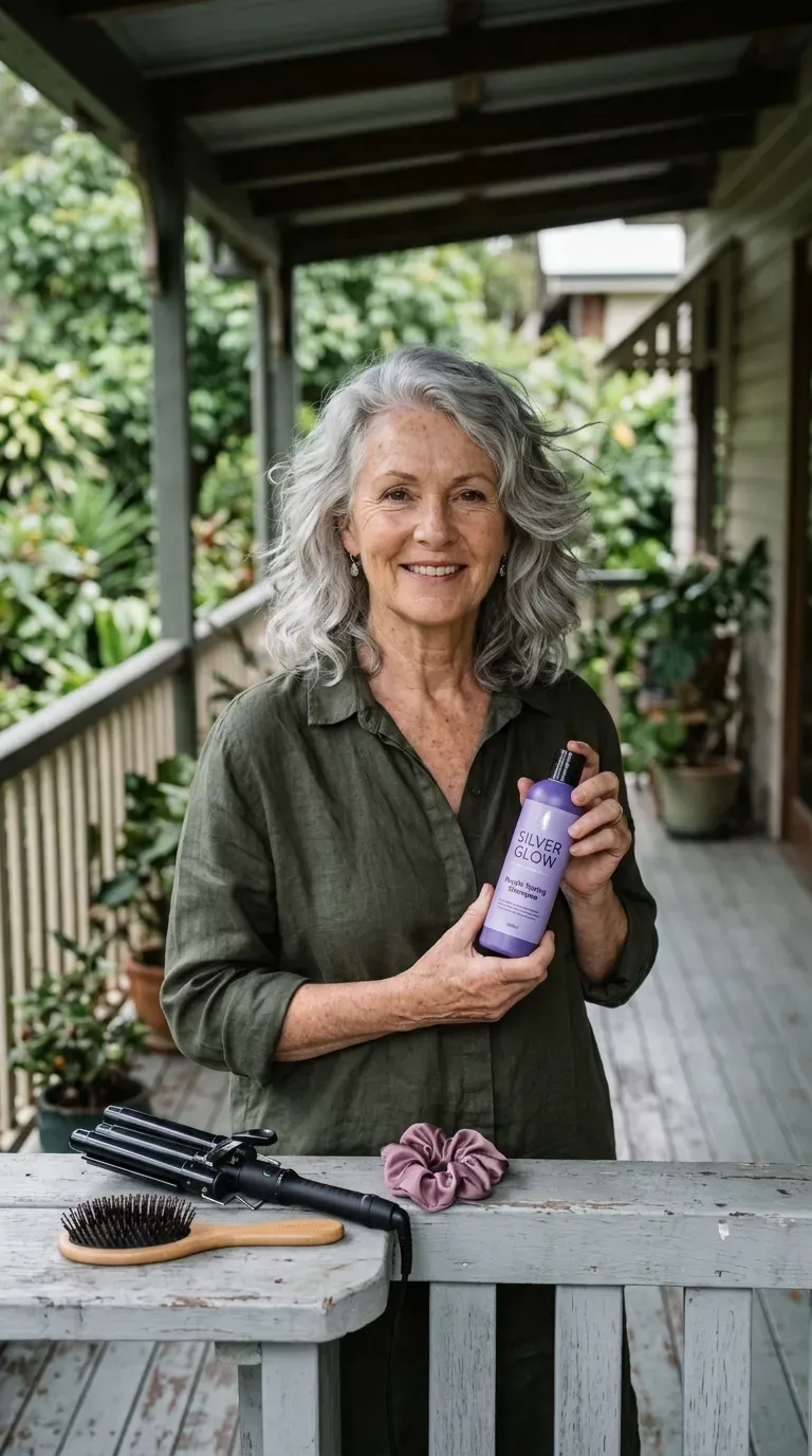 Woman with natural silver hair styled in soft waves with bouncy front layers framing her face