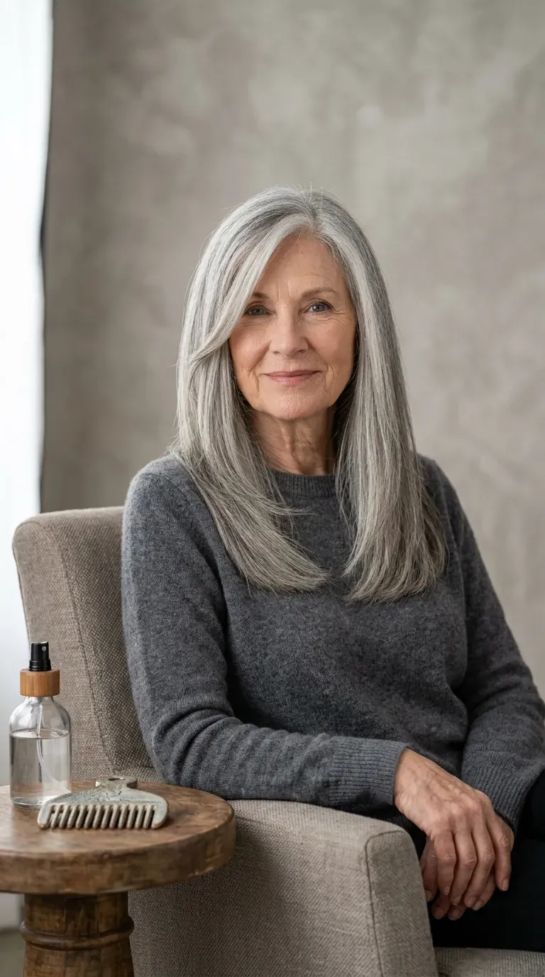Woman over 70 with mostly blunt long layers and one softening face framing piece