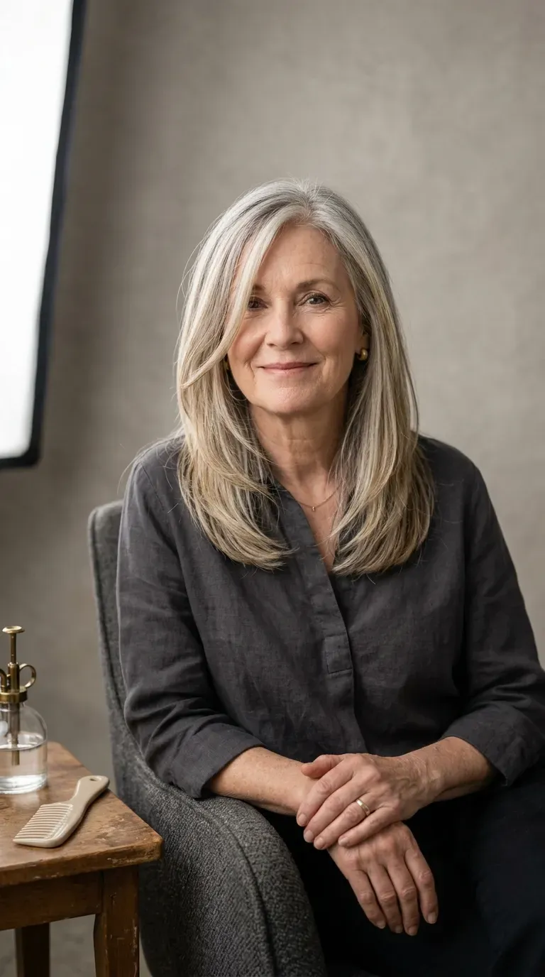 Woman over 60 with mostly blunt long layers and one softening face framing piece
