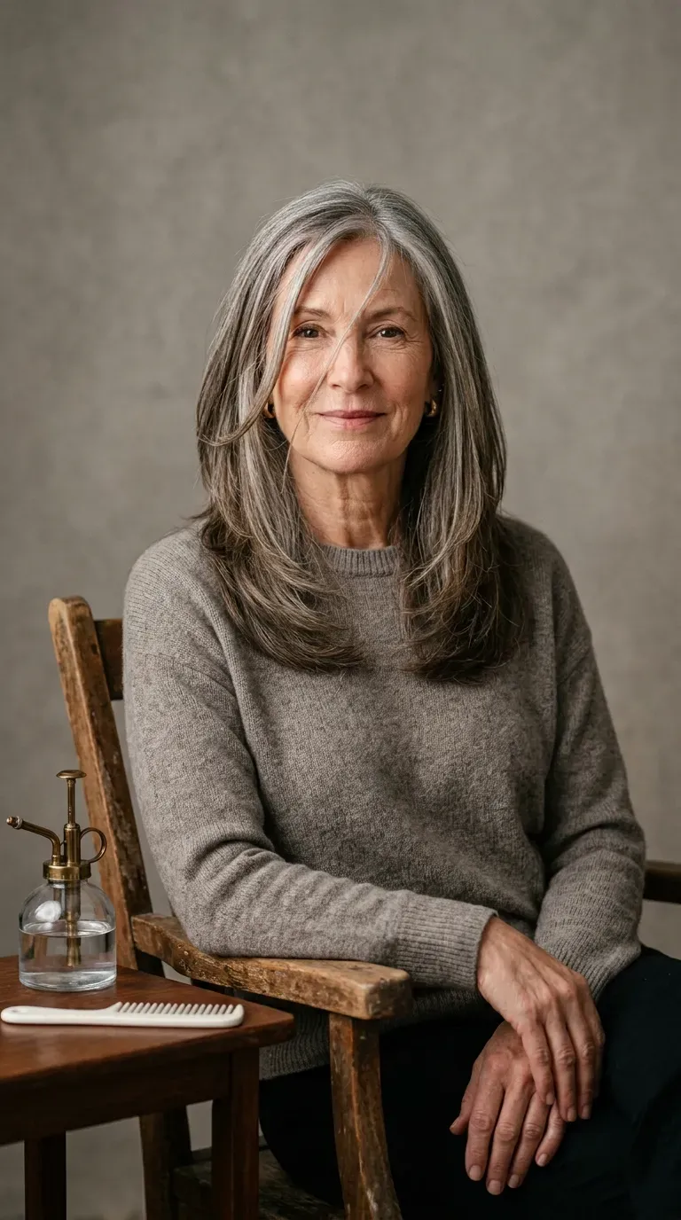 Woman over 60 with mostly blunt long layers and one softening face-framing piece