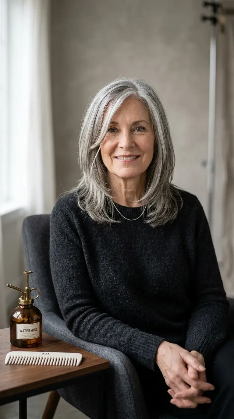 Woman over 70 with mostly blunt medium layers and one softening face framing piece