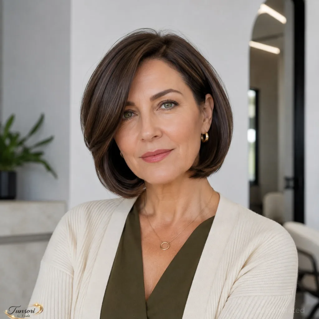 Woman over 50 with fine hair wearing a sleek bob with a glossy finish