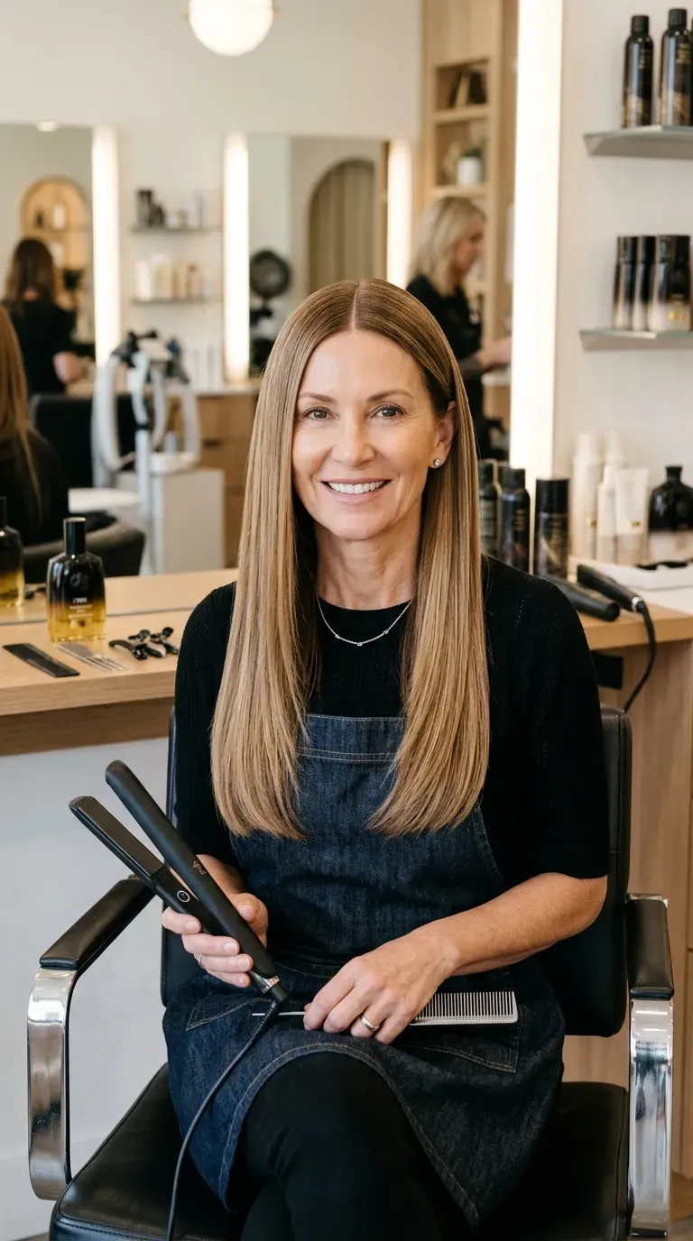 Woman over 50 with sleek center-parted long layered hair styled pin straight