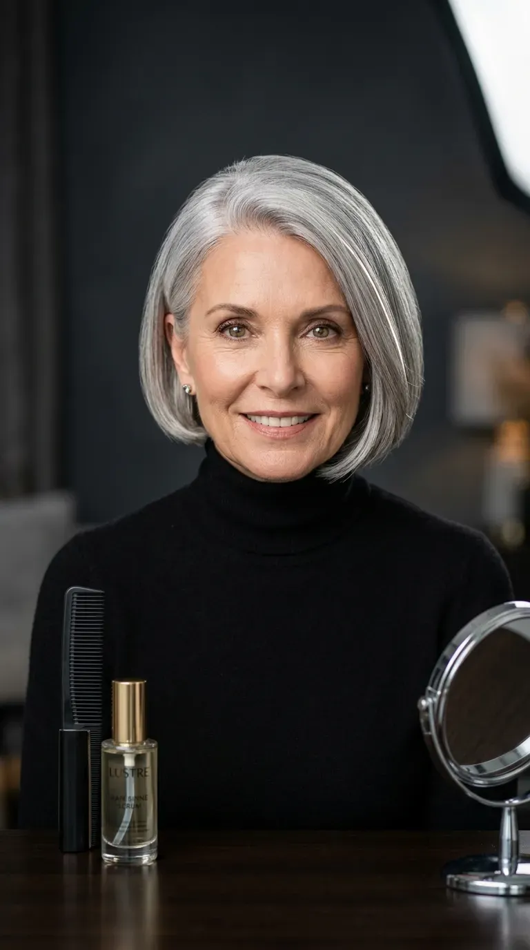 Woman over 60 with a sleek, polished cropped bob styled smooth and neat