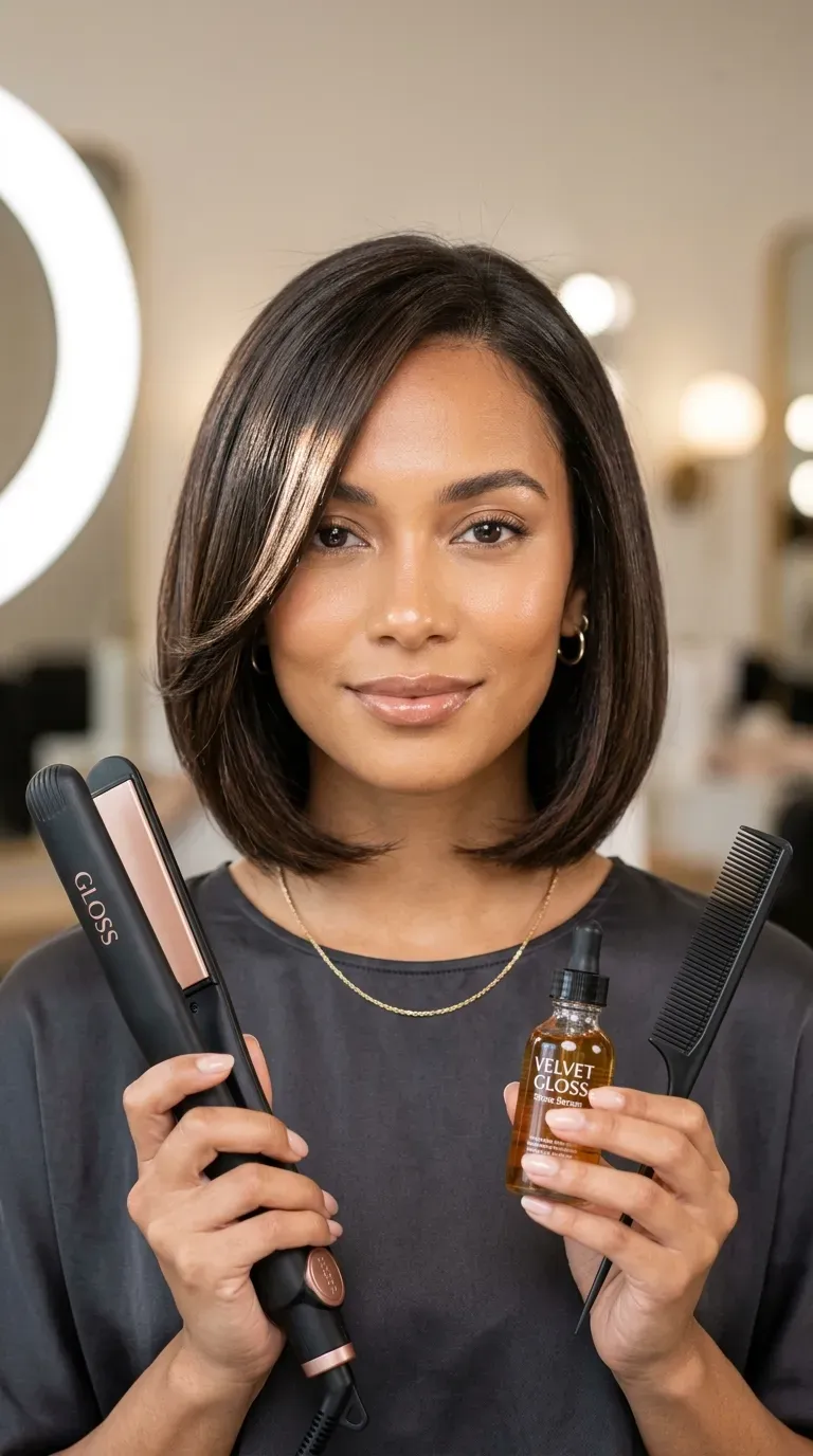 Woman with a sleek layered bob styled smooth for a polished finish