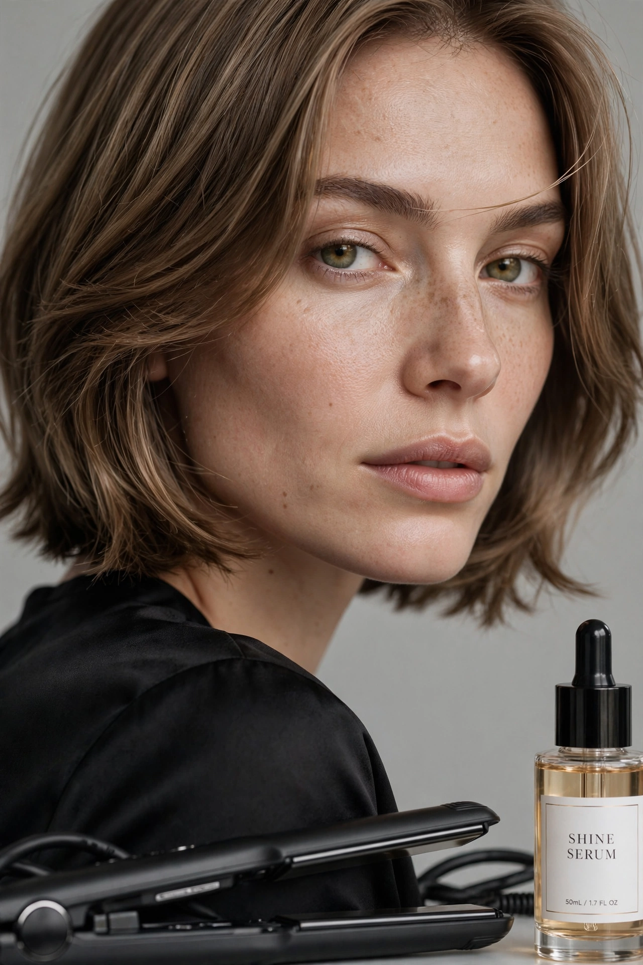 Woman with thin fine hair wearing a sleek, smooth-finished shaggy bob