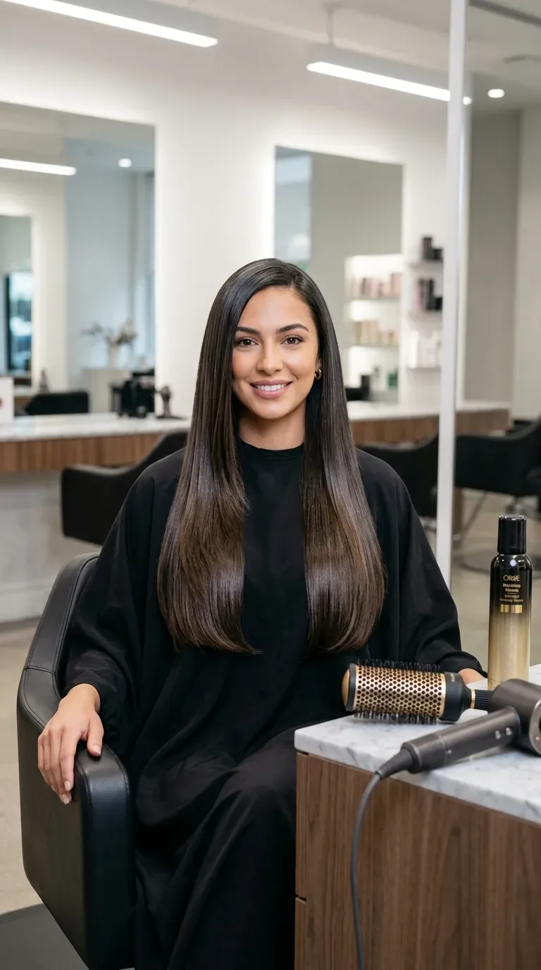 Woman with sleek blown-out straight layered hair falling smoothly along her back