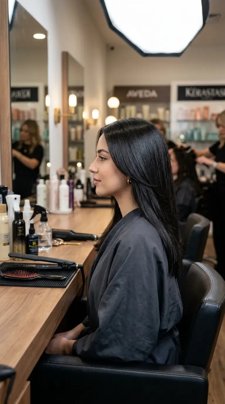 Woman over 40 with sleek straight blowout on medium length layered hair