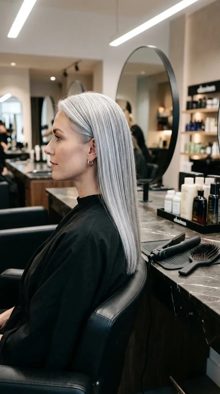 Woman over 60 with sleek straight finish styled on medium length hair