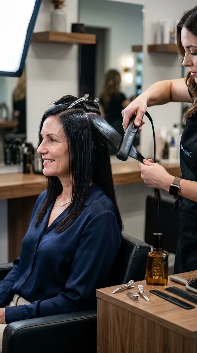 Woman over 50 with sleek straight front layers styled to a glass-like glossy finish