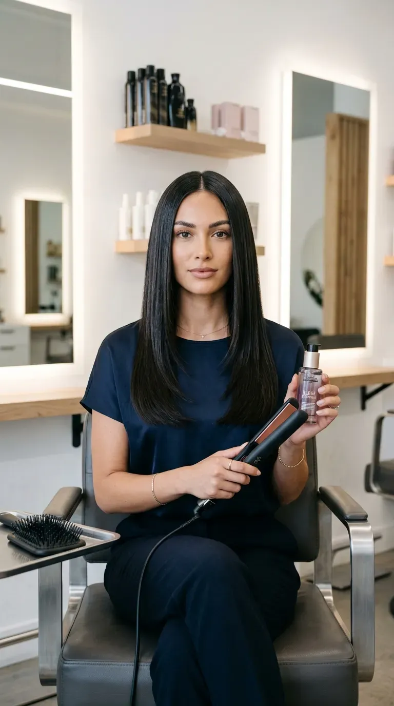 Woman with sleek straightened front layers falling smoothly along her cheekbones