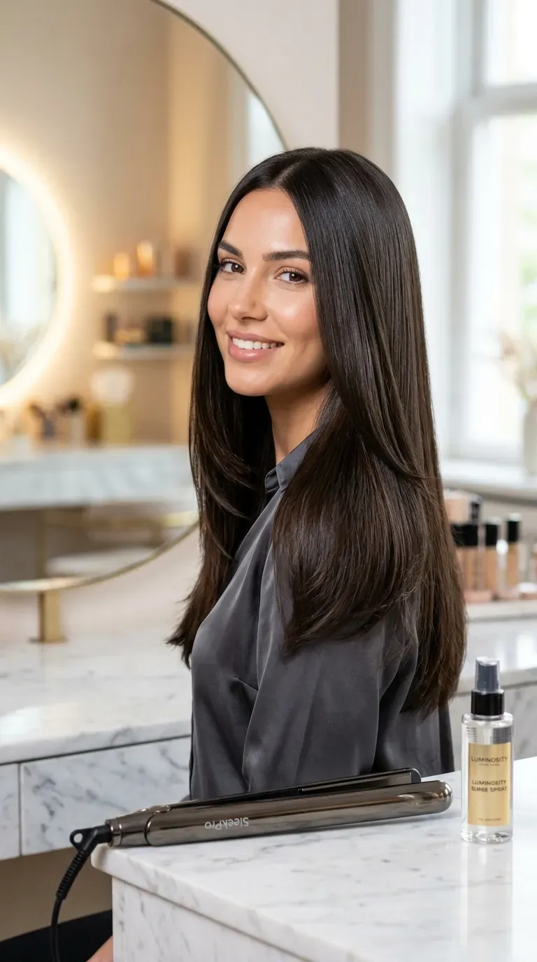 Sleek straight layered hairstyle finished with a flat iron for a smooth shine