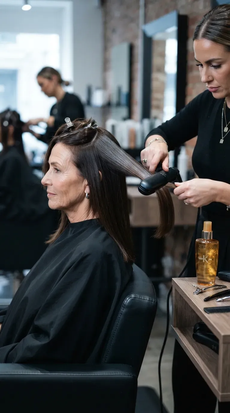 Woman over 50 with sleek straight medium layered hair being flat-ironed for a glossy finish