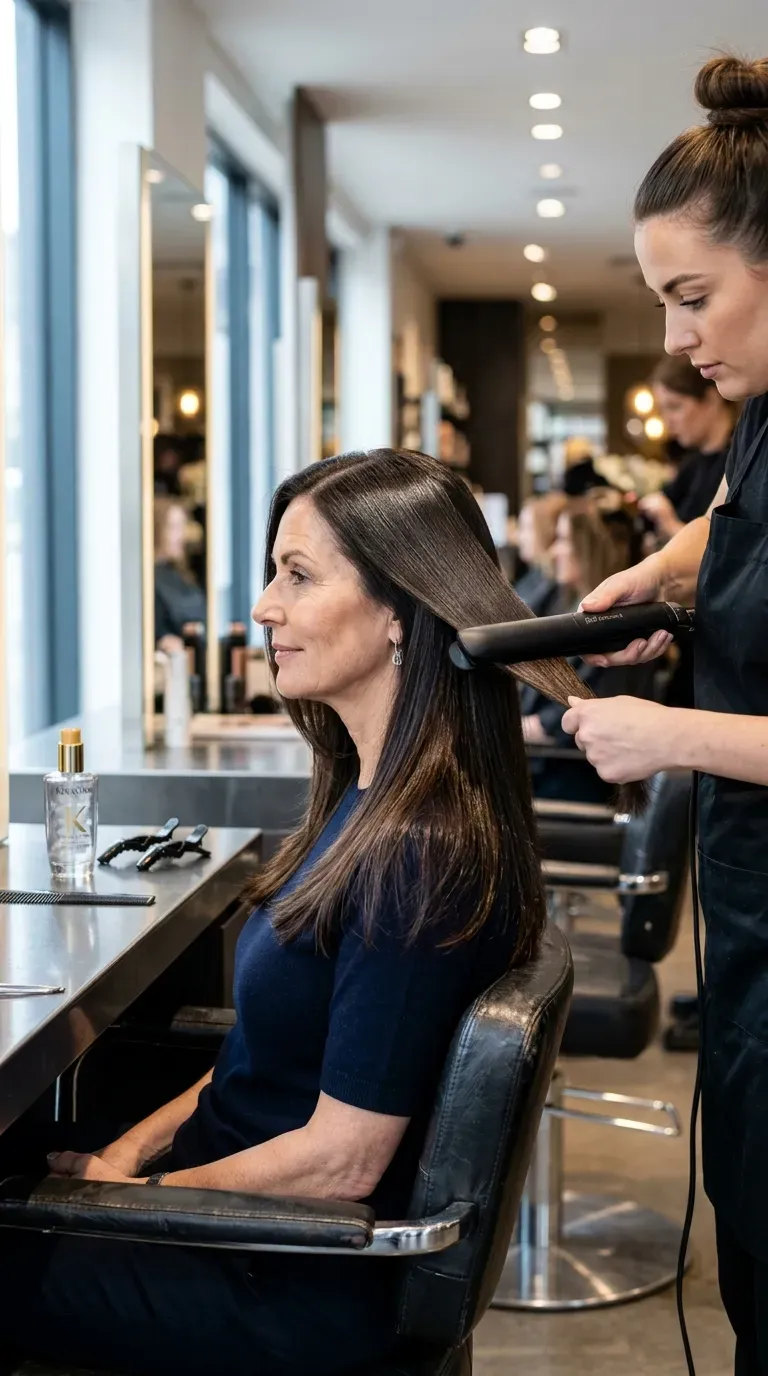 Woman over 50 with sleek straight long layered hair styled to a glossy finish