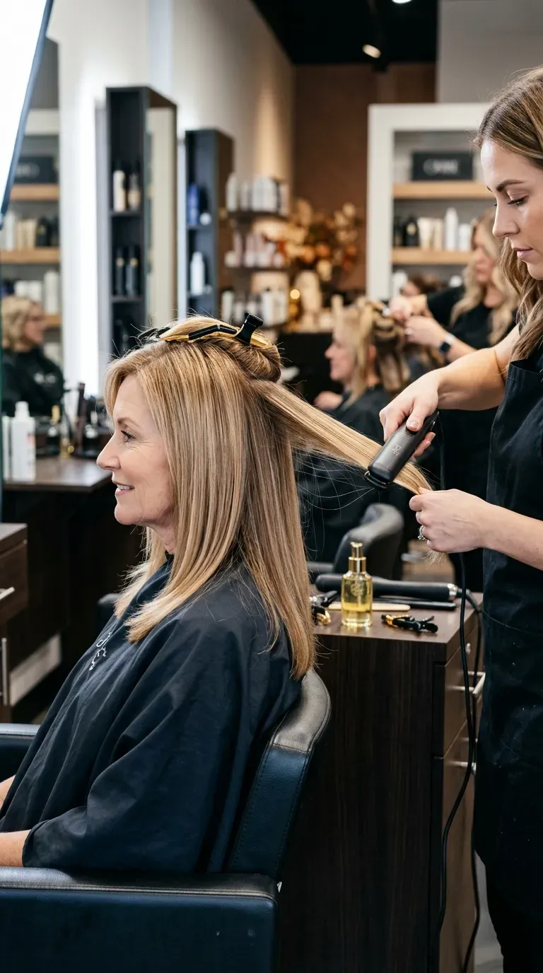 Woman over 50 with fine hair styled in sleek straight layers with a weightless finish