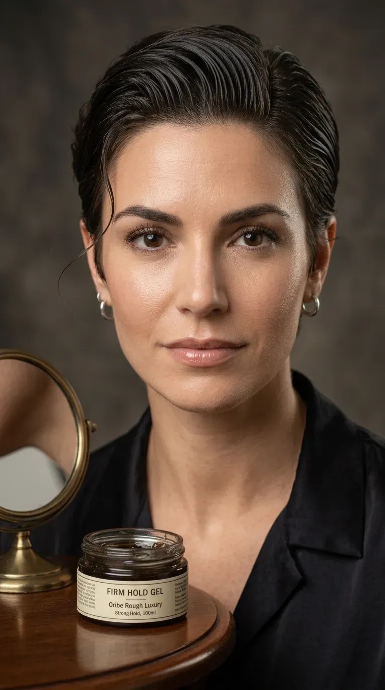 Woman with a shaggy pixie styled slicked back for a polished, edgy finish