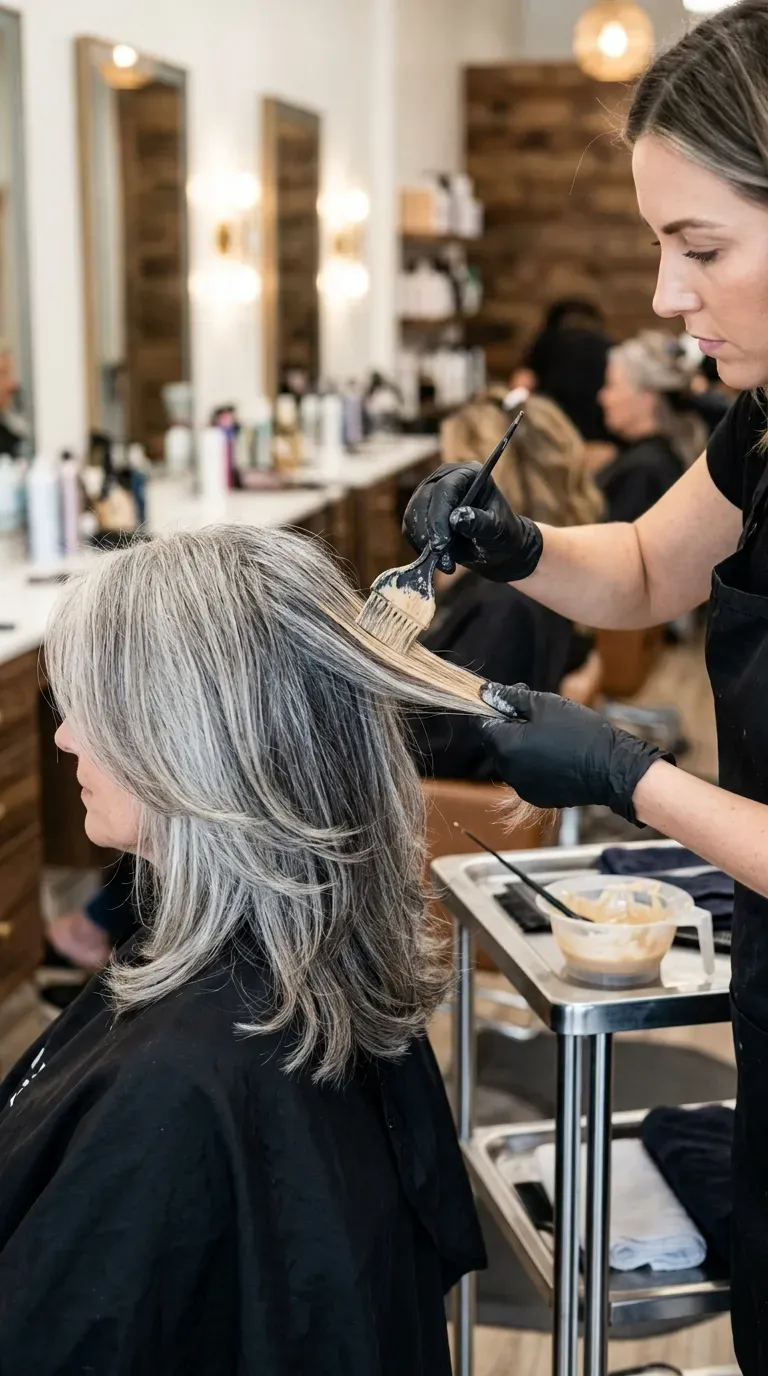 Woman over 50 with soft balayage highlights blending gray through layered hair