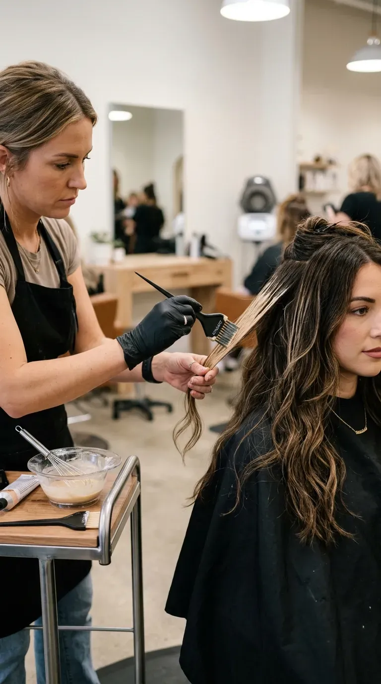 Woman over 50 with soft balayage highlights making long layered hair look fuller