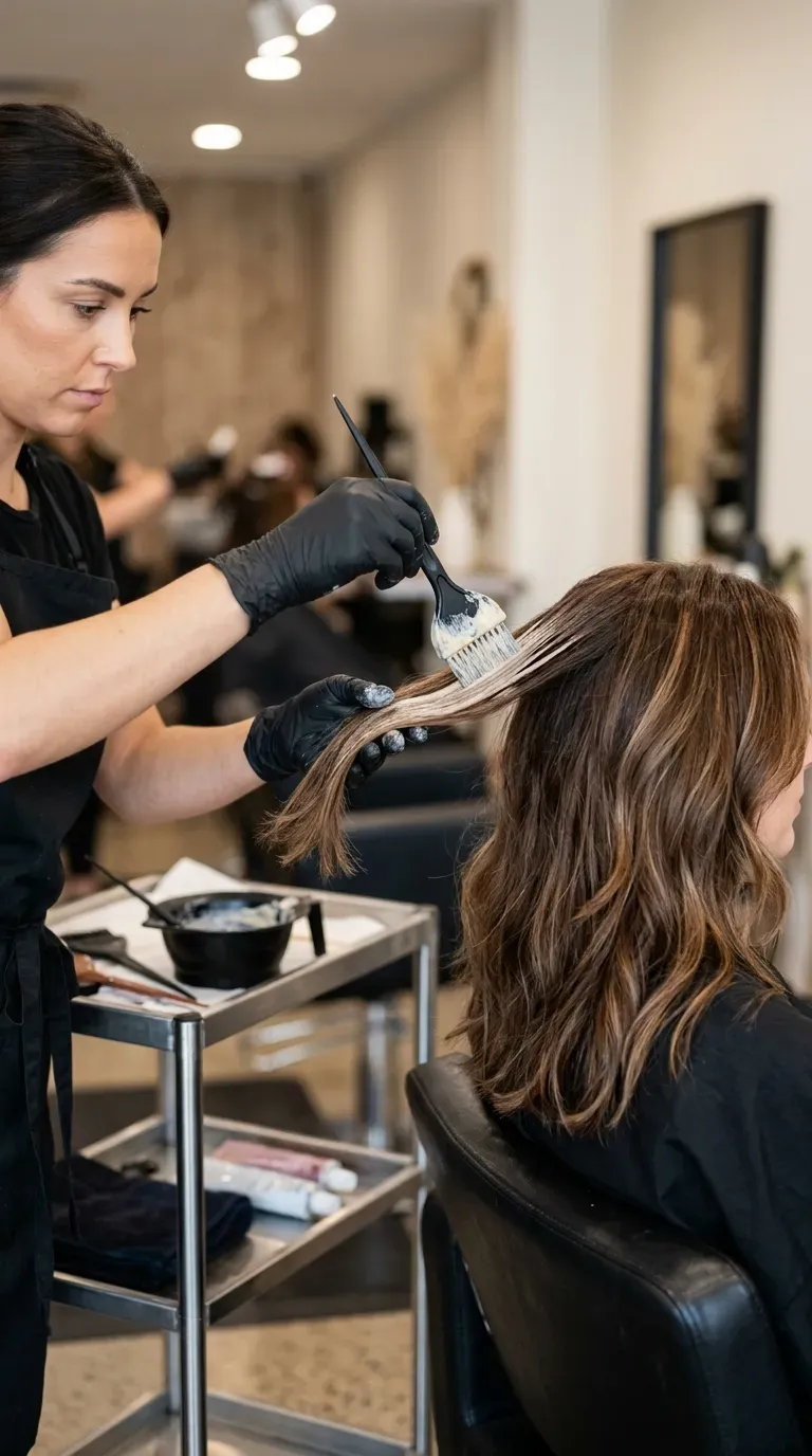 Woman over 40 with soft balayage highlights woven through medium length layered hair