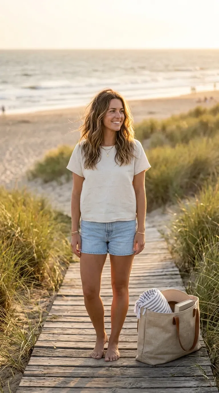 Woman over 50 with soft beachy waves styled over layered haircut