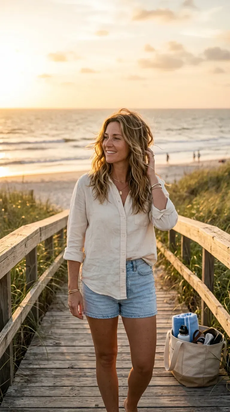 Woman over 40 with soft beachy waves styled on medium length layered hair