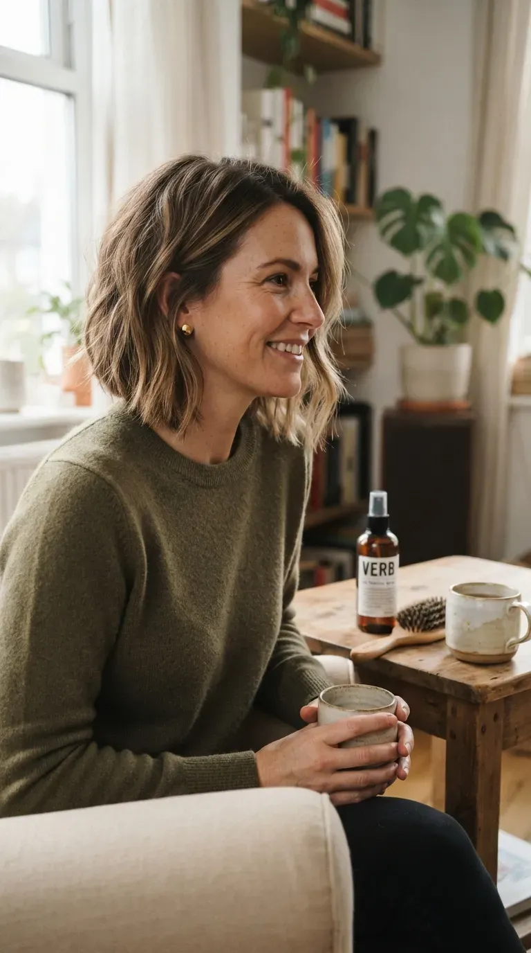 Woman with a soft, low-maintenance choppy bob styled simply for everyday wear