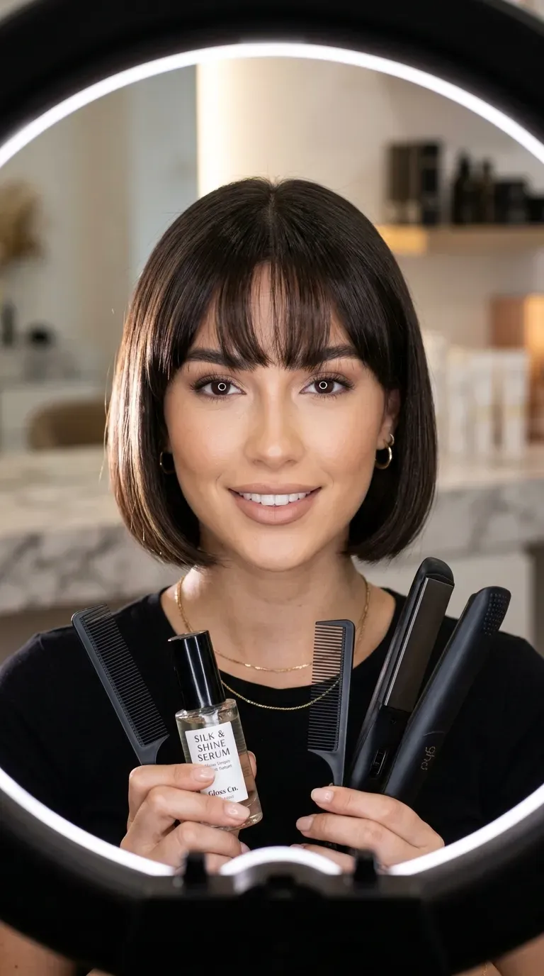Woman with a soft rounded fringe styled on a smooth sleek bob