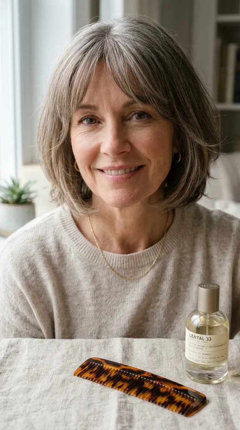 Woman over 50 with a soft layered bob and a gentle, face-framing fringe