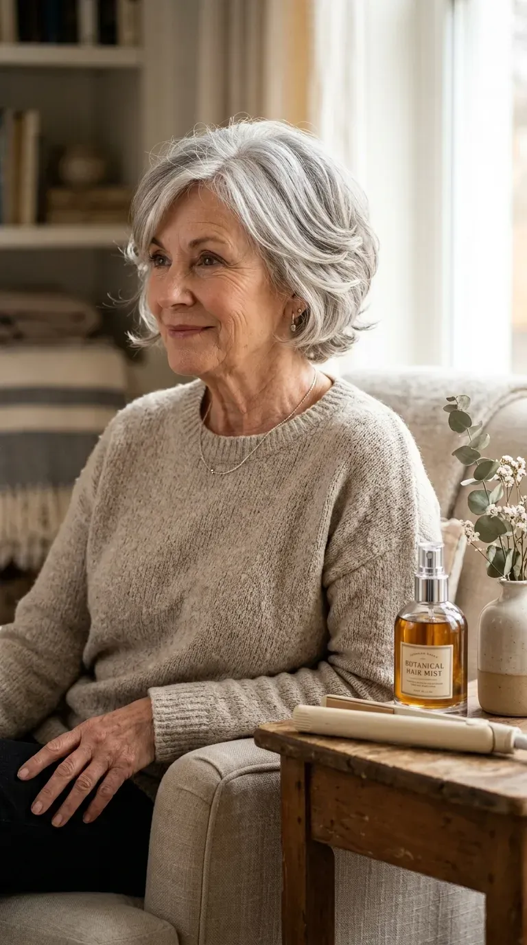 Woman over 70 with a soft layered crop styled with gentle, rounded movement