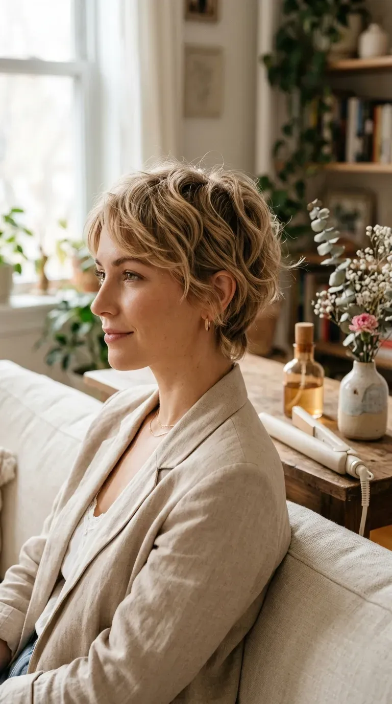 Woman with a soft layered pixie shag styled with gentle, rounded movement