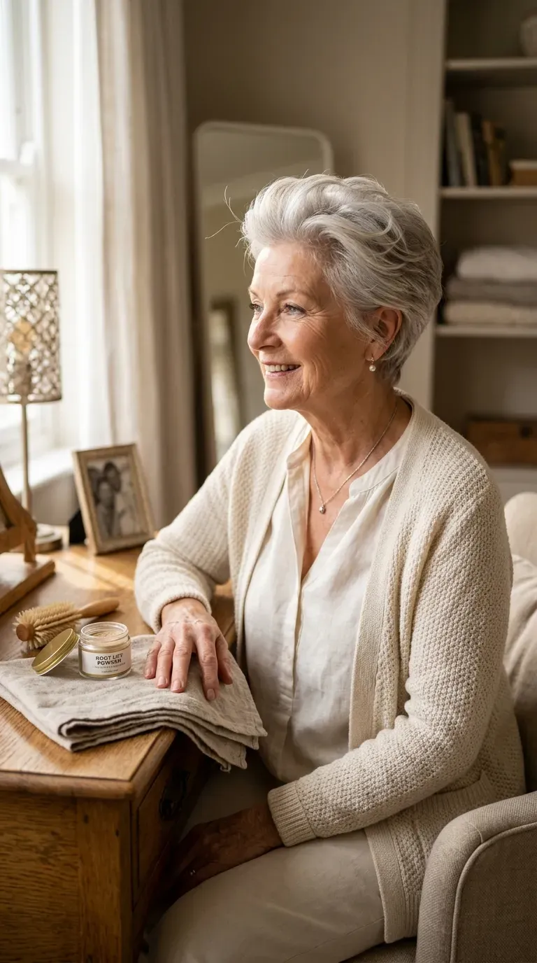 Woman over 70 with a soft pixie crop styled with gentle volume at the crown