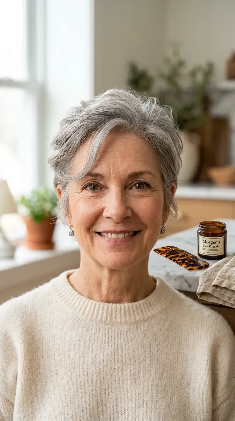 Woman over 60 with a soft pixie featuring extra length left at the crown