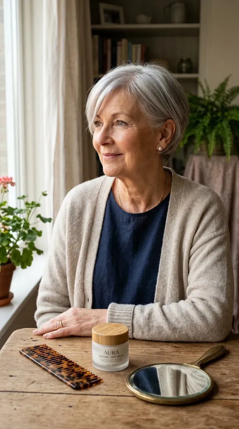 Woman over 70 with a soft pixie and a gentle side fringe framing the face