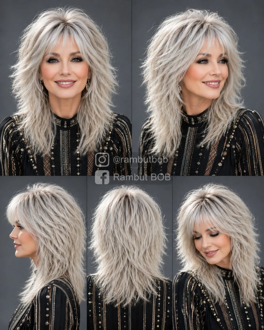 Woman over 50 with silver-blonde hair wearing a soft shag bob with curtain fringe.