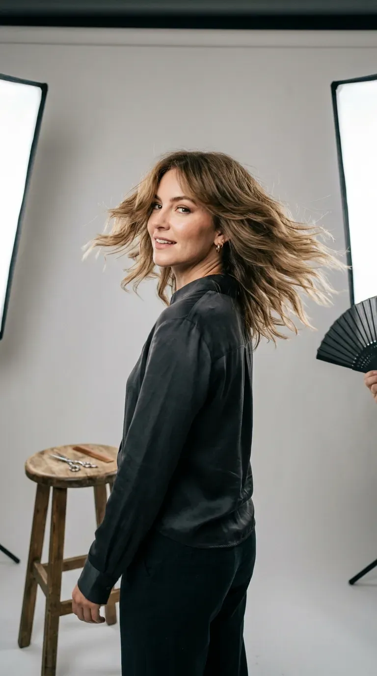 Woman over 60 with soft shag haircut featuring feathered textured ends