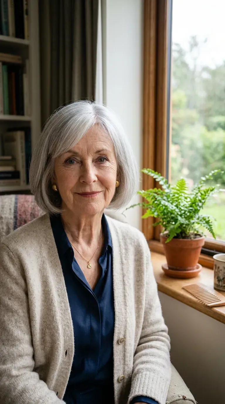Woman over 70 with a bob styled with a soft side sweep across the forehead