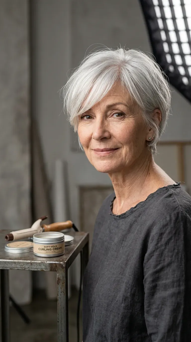 Elegant woman over 70 with a soft textured crop and a longer layered fringe sweeping forward