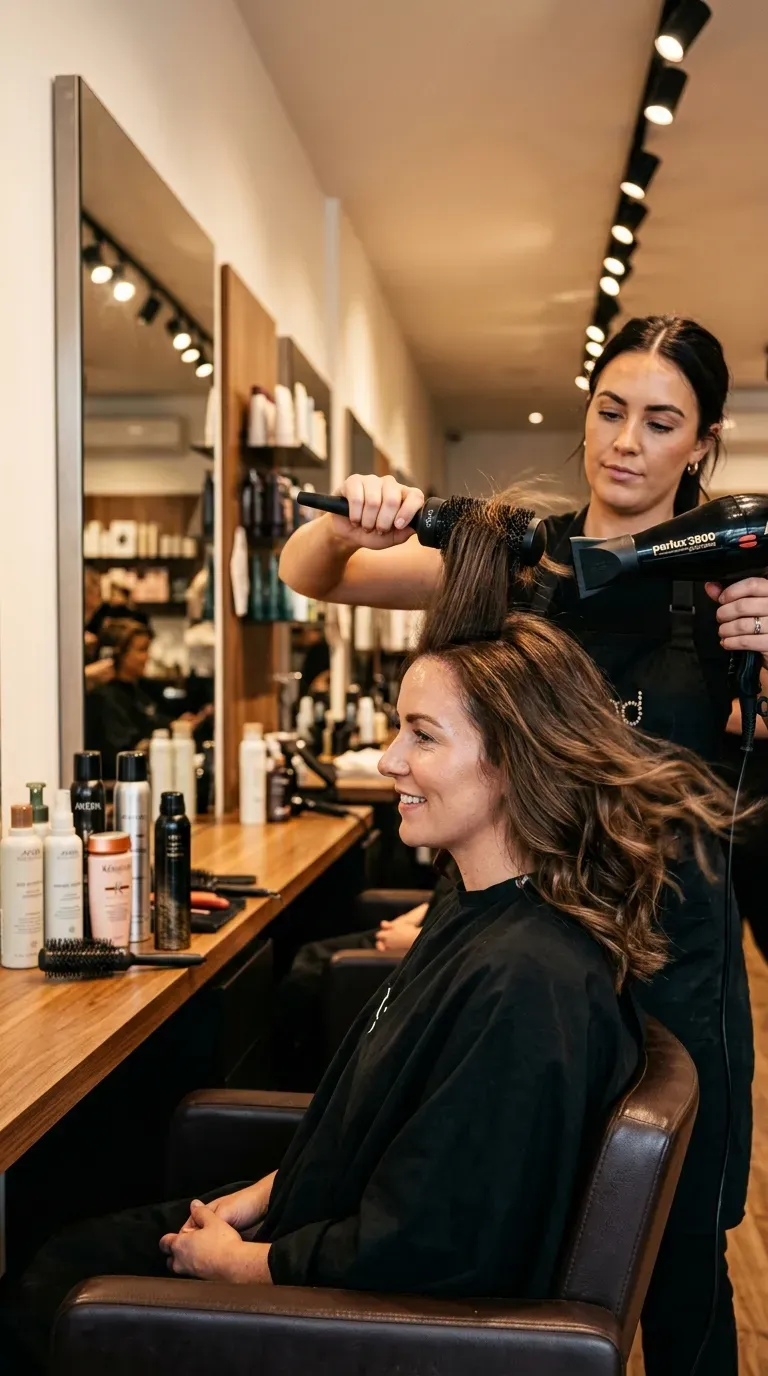 Woman over 60 getting a soft voluminous round-brush blowout on medium length hair