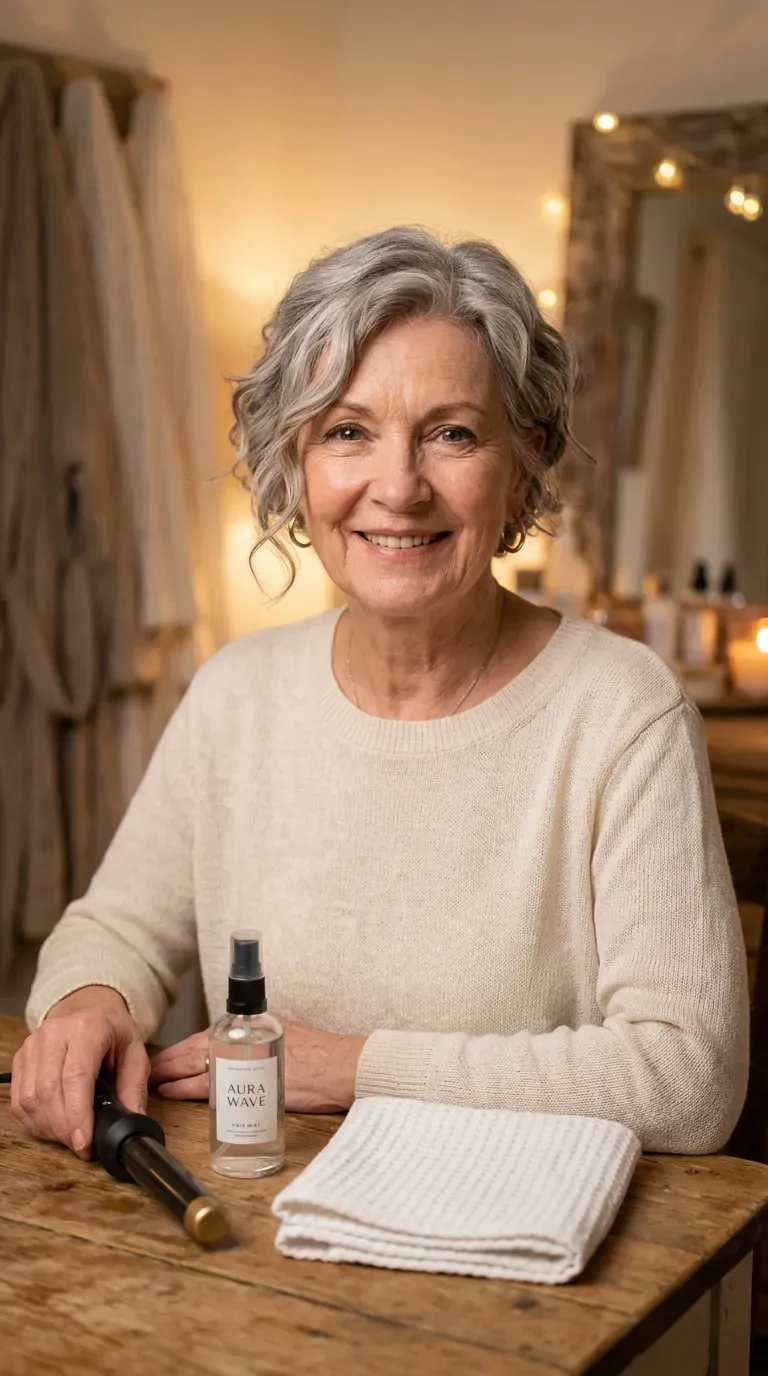 Woman over 60 with a pixie styled with soft, gentle waves throughout