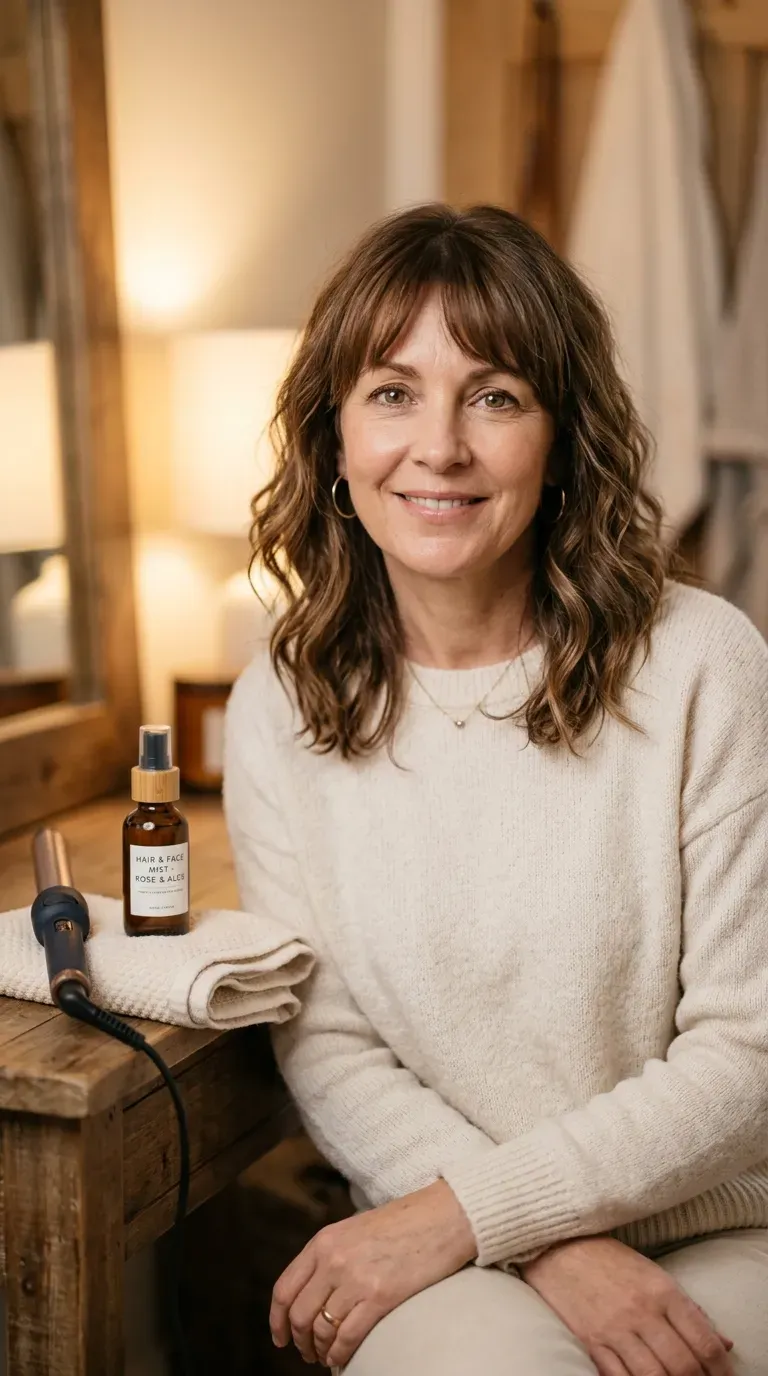 Woman over 50 with a soft wavy bob and a gentle fringe styled with movement