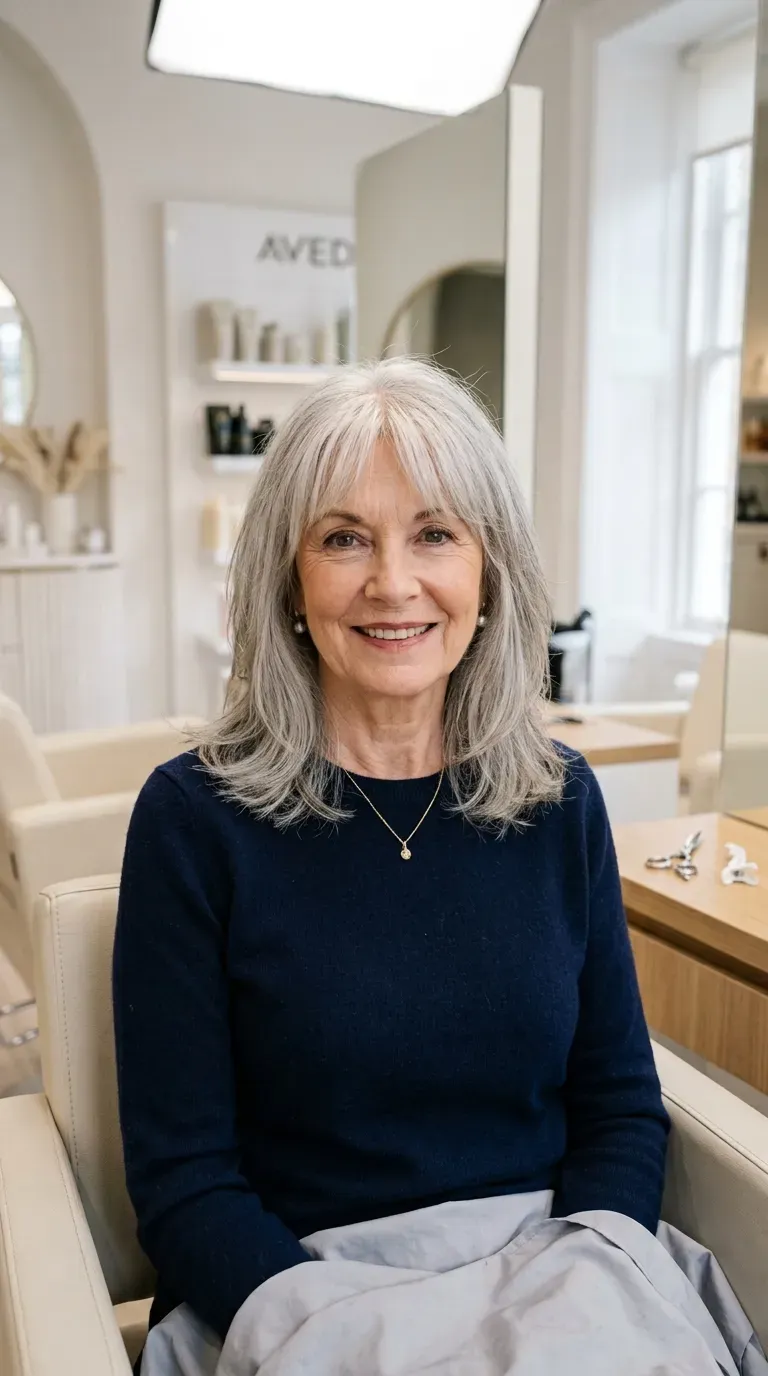 Elegant woman over 70 with a soft wispy fringe blending gently into her medium layers