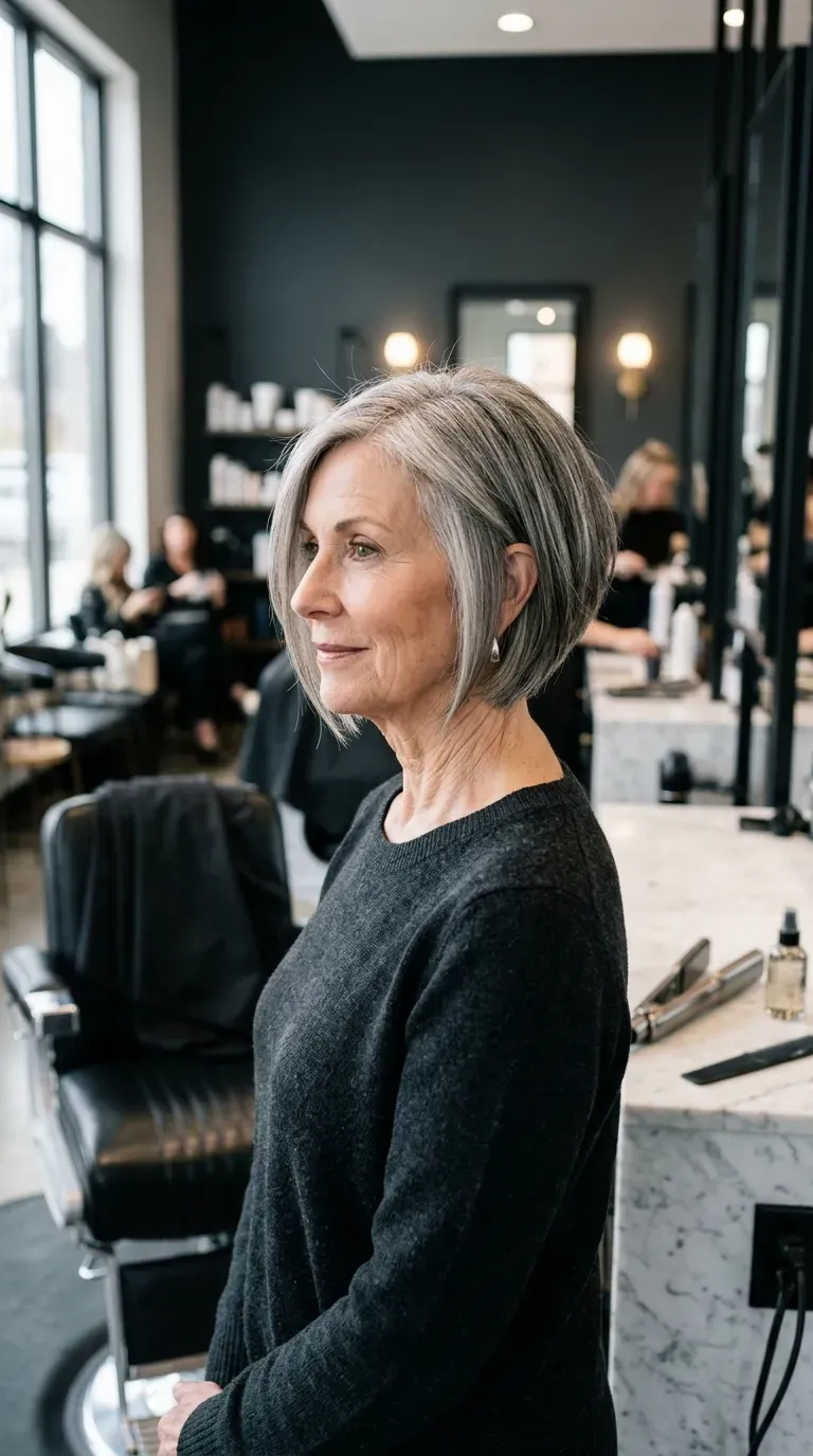 Elegant woman over 70 with medium hair featuring softly stacked layers angled toward the chin