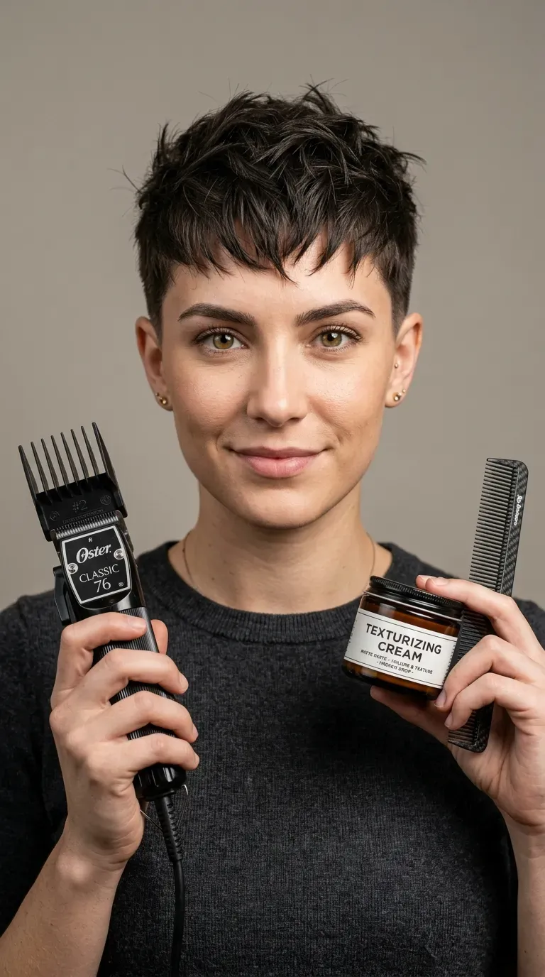 Short spiky French crop haircut with textured fringe for older women