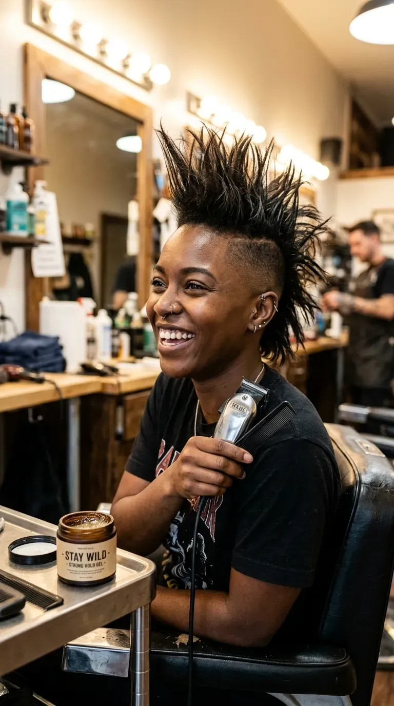 Spiky mohawk-inspired short crop haircut for bold older women