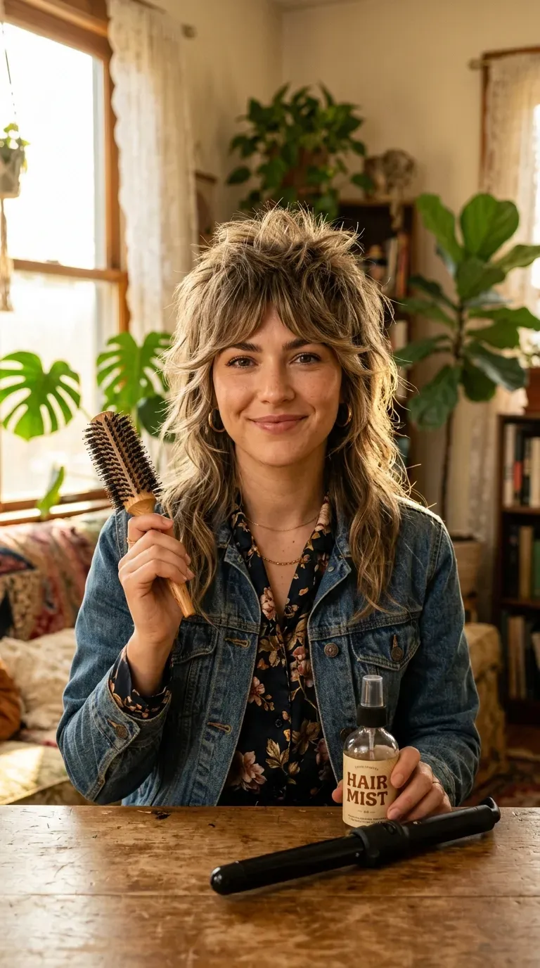 Spiky shag haircut with curtain bangs for older women with fine hair