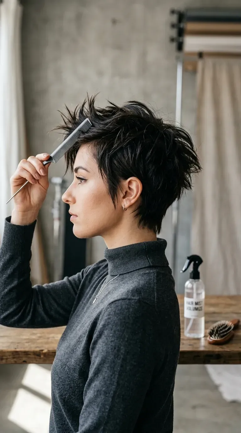 Spiky wedge haircut with graduated layers for older women with fine hair