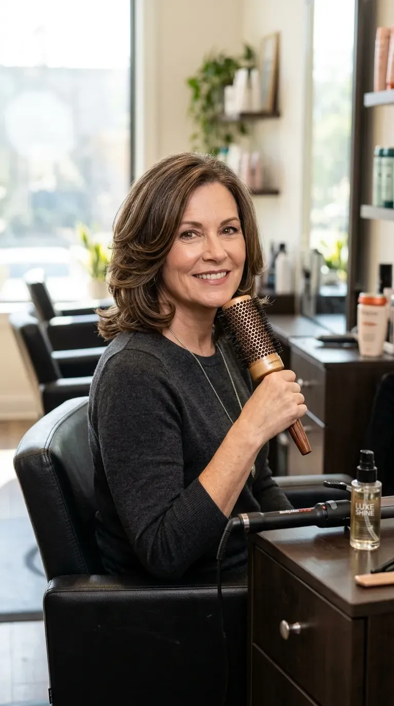 Woman over 50 with a square face styled with softening curved front layers