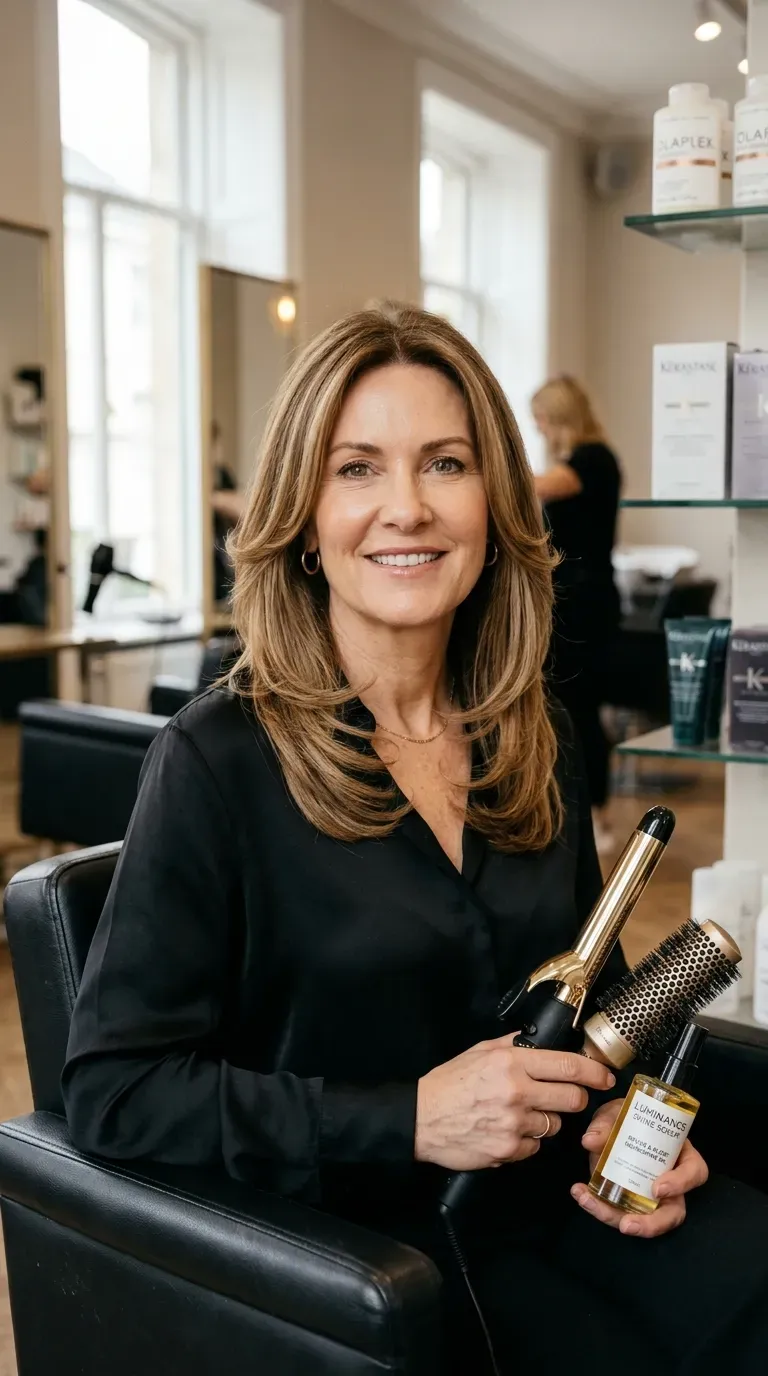 Woman over 50 with a square face styled with softening curved long layers