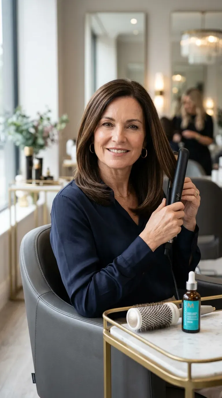 Woman over 50 with a square face styled with softening curved straight layers