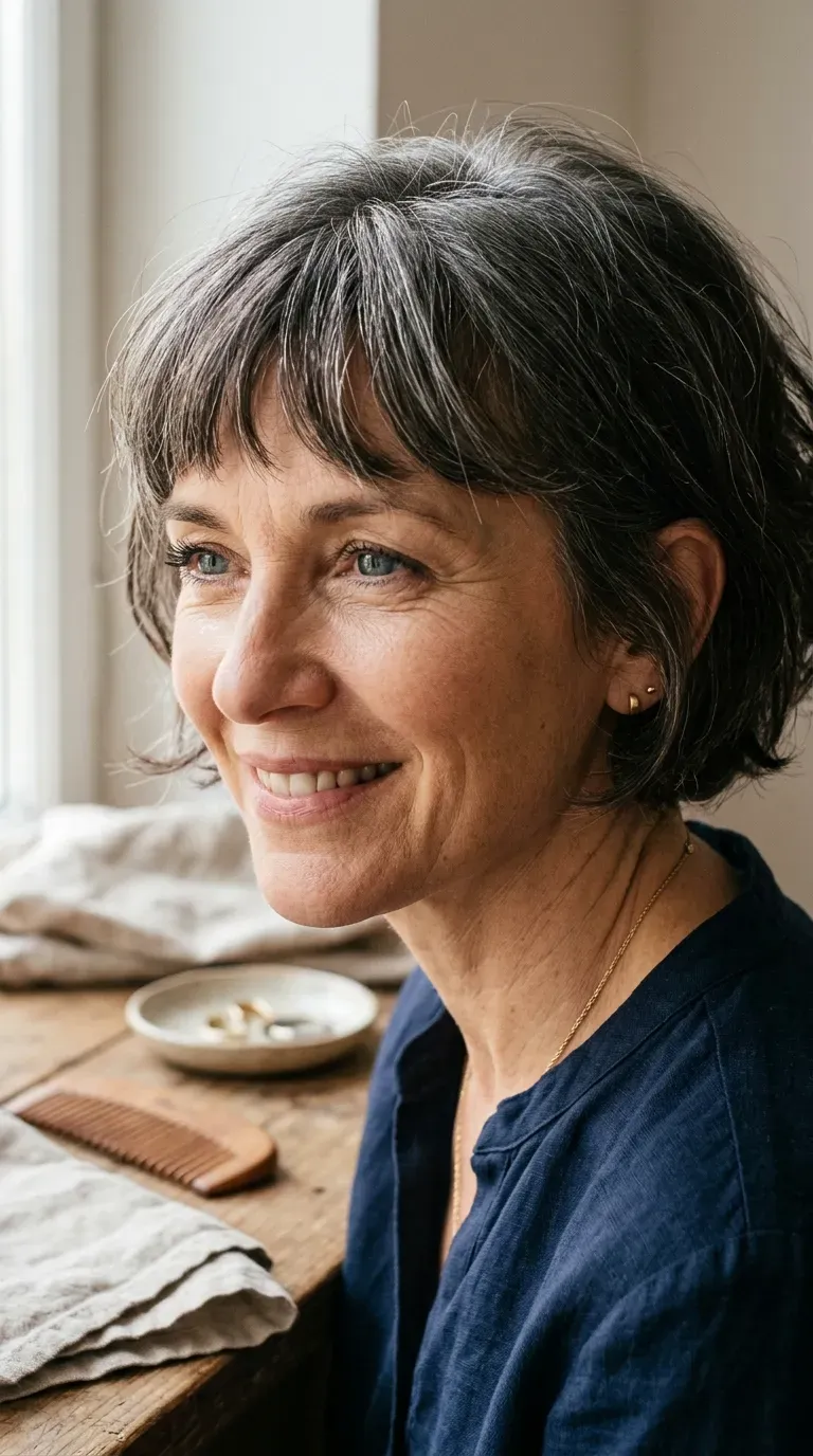Woman over 50 with a stacked bob and bottleneck bangs parted just above the brow